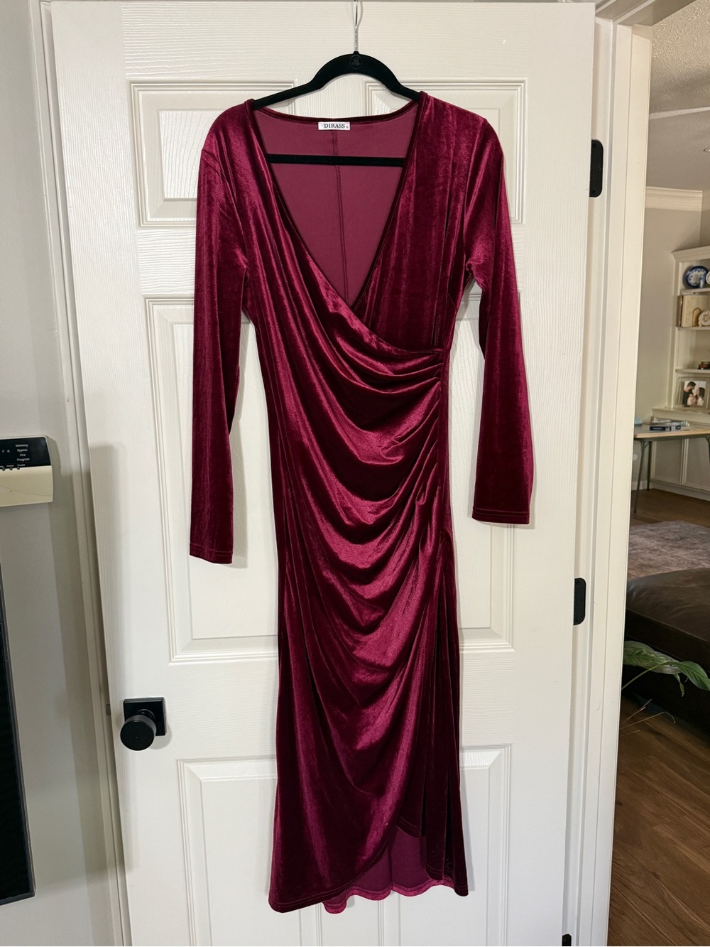 Bardot Wine Velvet Long Sleeve Draped Midi Dress